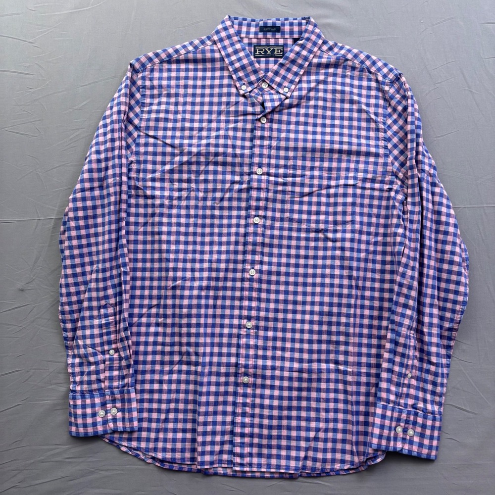 Rye by Hawker Rye Mens XL Regular Fit Gingham Button Down Shirt Pink Blue Cotton
